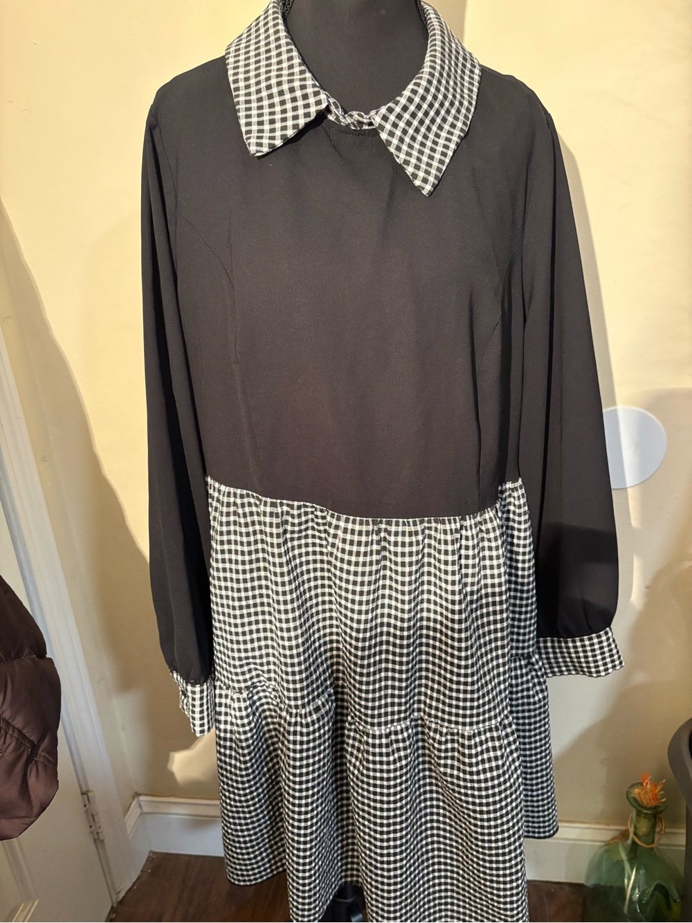 “School-Girl” style Dress!Black/White Gingham Nostalgic Contrast Collar& Cuffs